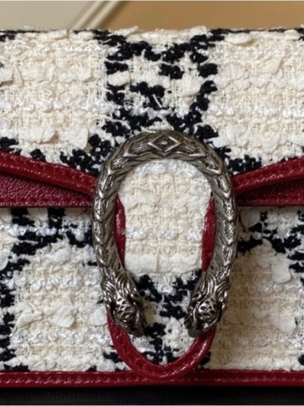 Gucci Dionysus Mini Black & Cream Tweed Crossbody with Red Trim